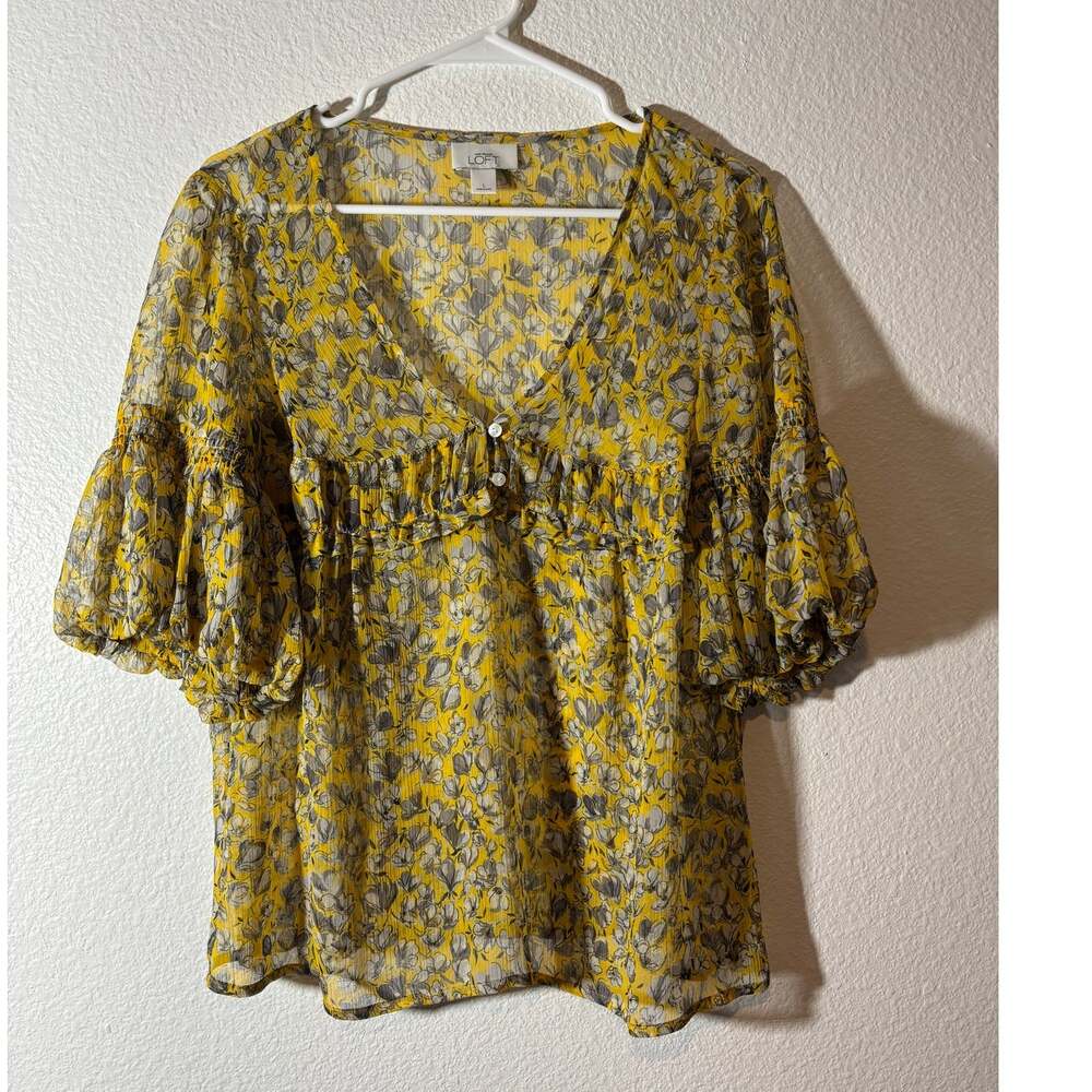 Ann Taylor LOFT Size L Sheer Yellow Botanical Floral Puff Sleeve Popover Top